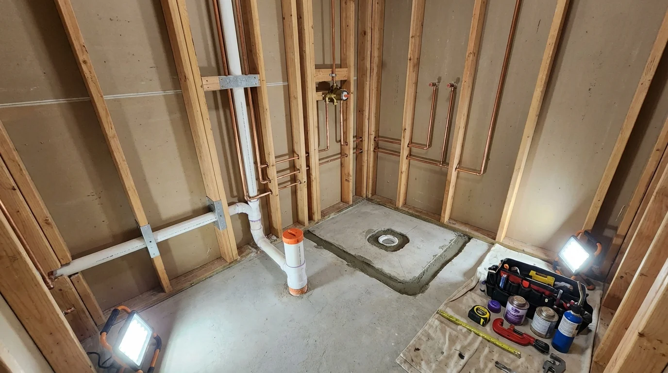 Bathroom rough-in plumbing during remodel by Johns Plumbing LLC in Fort Myers