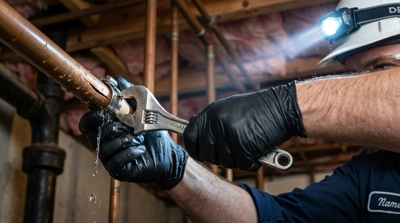 Emergency pipe clamp repair being performed by a Johns Plumbing LLC plumber in Fort Myers