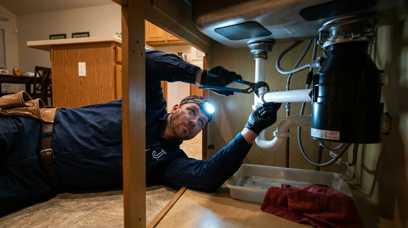 P-trap and supply line connections under a kitchen sink showing a common leak point in Fort Myers, FL